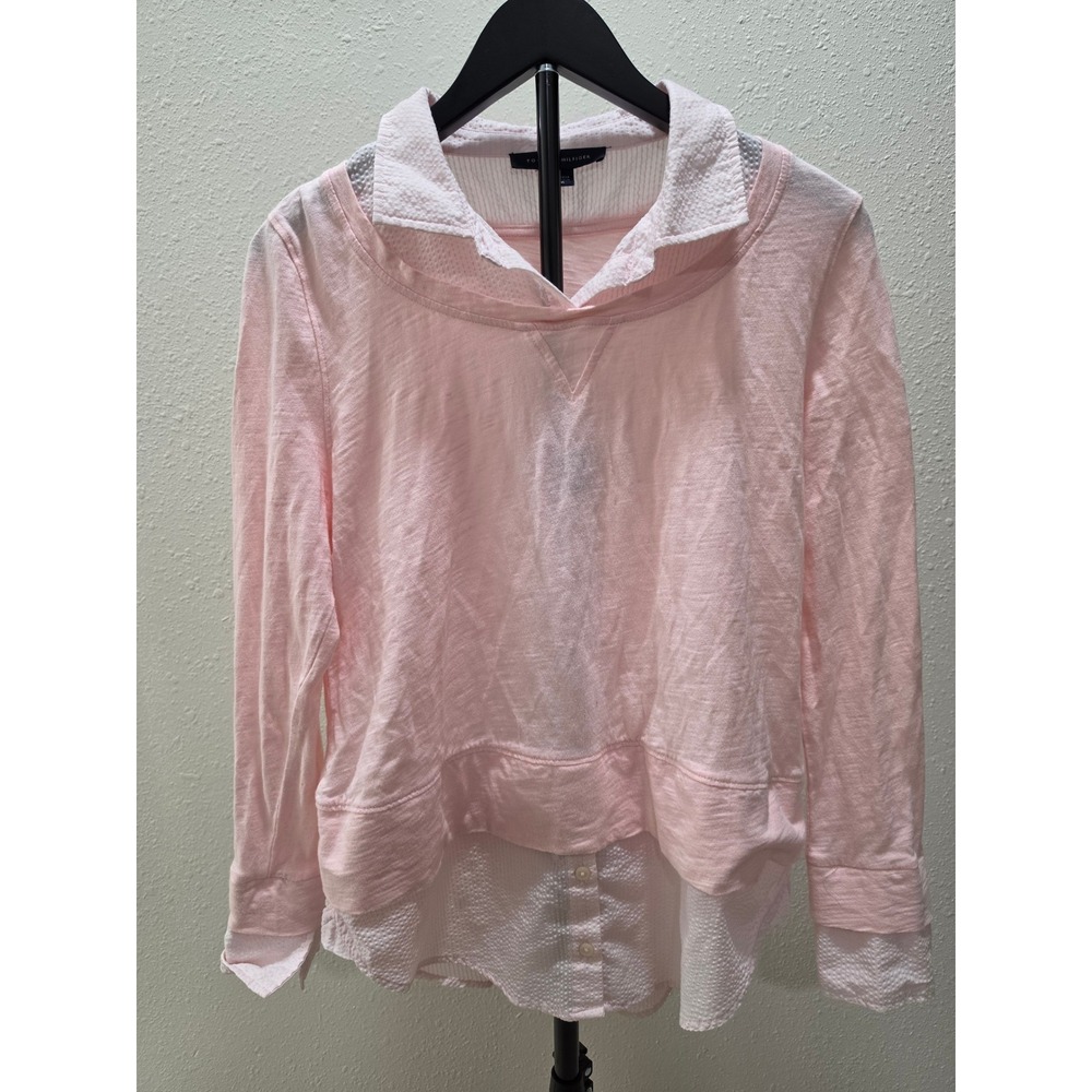Tommy Hilfiger Pink Seersucker Layered Look Long Sleeve Top Medium